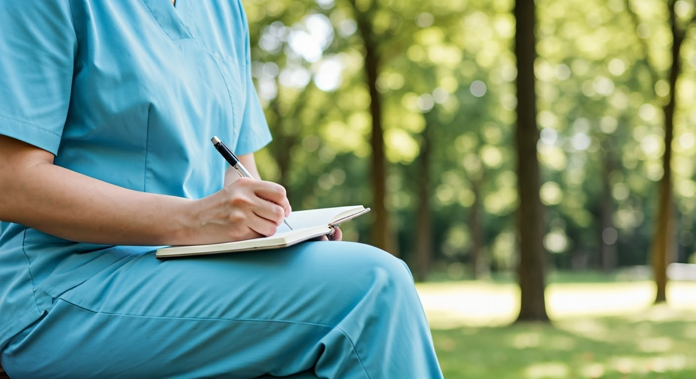 Caregiver journaling outdoors